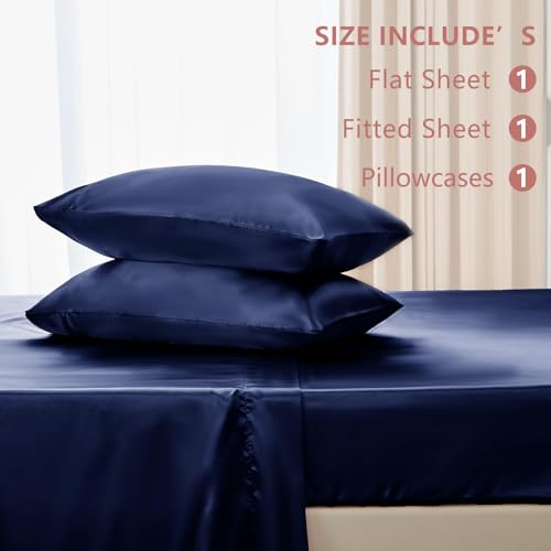 CozyLux Satin Sheets Twin Size - 3 Piece Navy Blue Bed Sheet Set with Silky Microfiber, 1 Deep Pocket Fitted Sheet, 1 Flat Sheet, and 1 Pillowcase - Smooth and Soft - Image 7