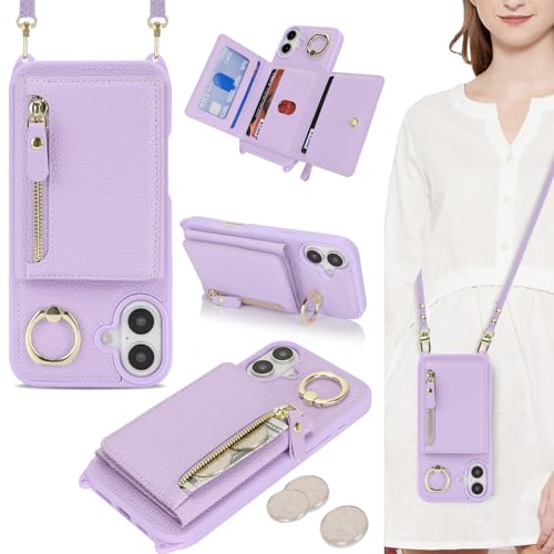 ELTEKER Cover compatibile con iPhone 17 con Cordino Tracolla, Custodia in Pelle con Porta Carte Portafoglio [Cinghia regolabile] [Slot per schede] - viola chiaro