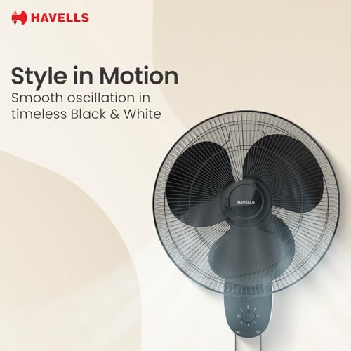Image of Havells Gatik Pro 400mm Wall Mount Fan|RPM: 1350|Double string for Speed & Oscillation control | Thermal Overloaded Protected Motor | 100% Copper Wire Winding Motor | 2 Year Warranty,230 Volts(Black)