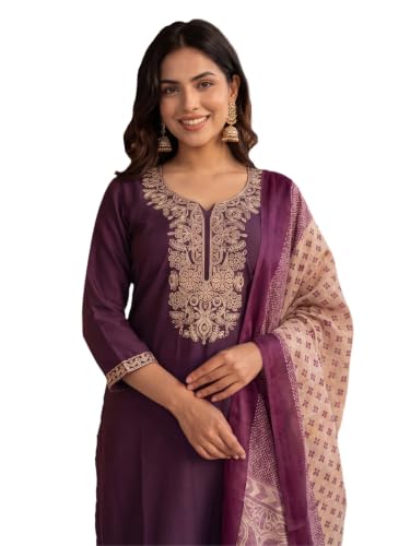 Image of INDO ERA Women's Silk Blend Embroidered Sequinned Kurta & Pant with Dupatta Set