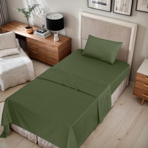 RUVANTI 100% Cotton Twin XL Sheet Sets, 3 Pieces, Soft & Breathable Percale Weave Bedding, Deep Pocket 16", Hotel Standard, Crisp Cool Feel, Durable, Perfect Size Dyed Sheets, Chive