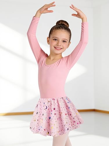 Image of DANSHOW Ballet Leotards for Girls Dance Skirted Leotard Kids Ballet Tutu Dress Toddler Shiny Ruffle Sleeve Dancewear