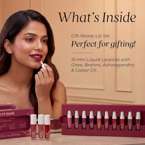 Image of Just Herbs Herb‑Enriched Matte Liquid Lipstick Set of 10 | Long‑Lasting, Non‑Drying, Transfer‑Resistant | Infused with Ghee, Ashwagandha & Brahmi | For Indian Skin Tones