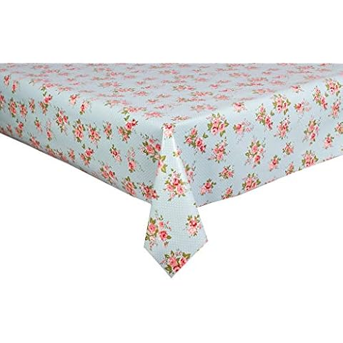DESIGNERS247 Duck Egg Blue Shabby Pink Rose Flowers Wipe Clean PVC Table Cloth Traditional English Rose White Polka Dots Oil Vinyl Table Cloth Protector Width 140cm - Sold By The Metre Cover