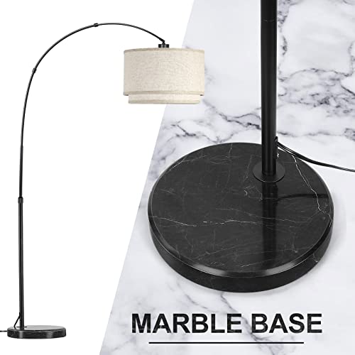 Contemporary Arc Floor Lamp For Living Room, Modern Adjustable Floor Standing Lamp Marble Base, Over The Couch Hanging Arching Tall Stand Up Light For Bedroom Office, Cream Double Drum Fabric Shade #TOP2
