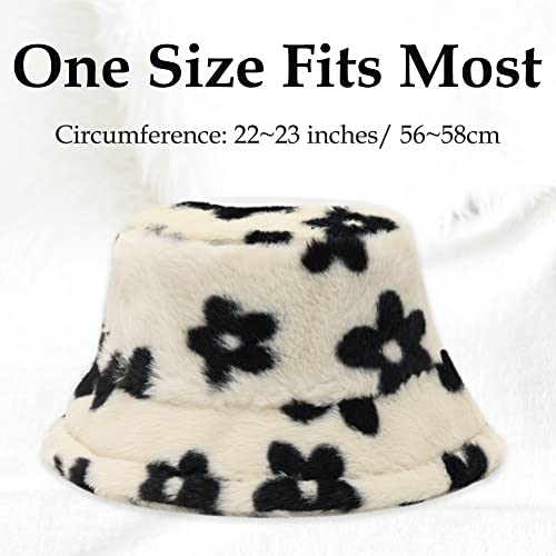 Image of Bucket Hat Women Furry Fuzzy Bucket Hats for Ladies, Winter Warm Fluffy Plush Faux Fur Hat for Women