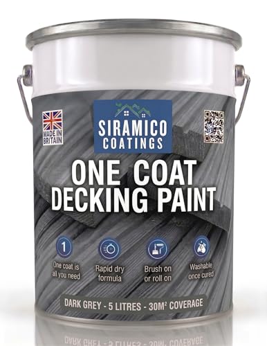 SIRAMICO COATINGS One Coat Anti-Slip Decking Paint | 5 Litres | 7 Luxury Colours I Mould & UV Resistant Formula | White - Grey - Sage Green - Black - Brick Red (Dark Grey)