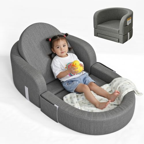 Image of Cowiewie Toddler Travel Bed 2-in-1 Kids Sofa Chair with Removable Cover, Soft Foam Portable Foldable Toddler Bed for Travel with Carrying Bag