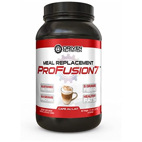 Driven Pro Fusion 7 Meal Replacement Powder - Men & Women, 3 lbs - 24g Protein Per Serving, Digestive Enzymes & MCT Oil - Gluten-Free - On-The-Go Energy & Supports Muscle Mass - Cafe Au Lait Cover