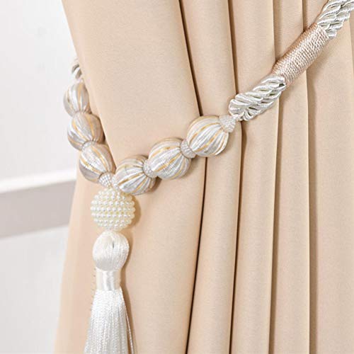 Cortina de amarrar com franja decorativa para cortina de amarrar e amarrar da Lioobo, Branco, 1 Pair