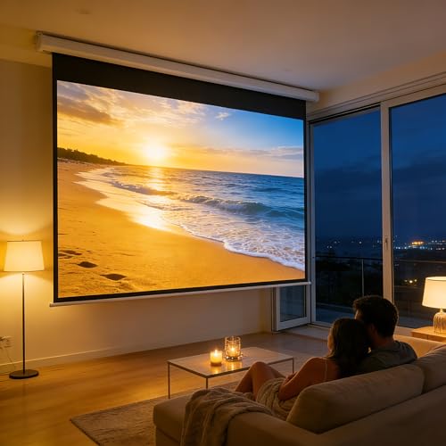 Image of YODOLLA 72 inch Projector Screen Motorized 16:9 Retractable Projection Screens | Electric Automatic Wall Ceiling Pull Down Movie Screen for Office Classroom Indoor with Remotes 4K HD 3D, White