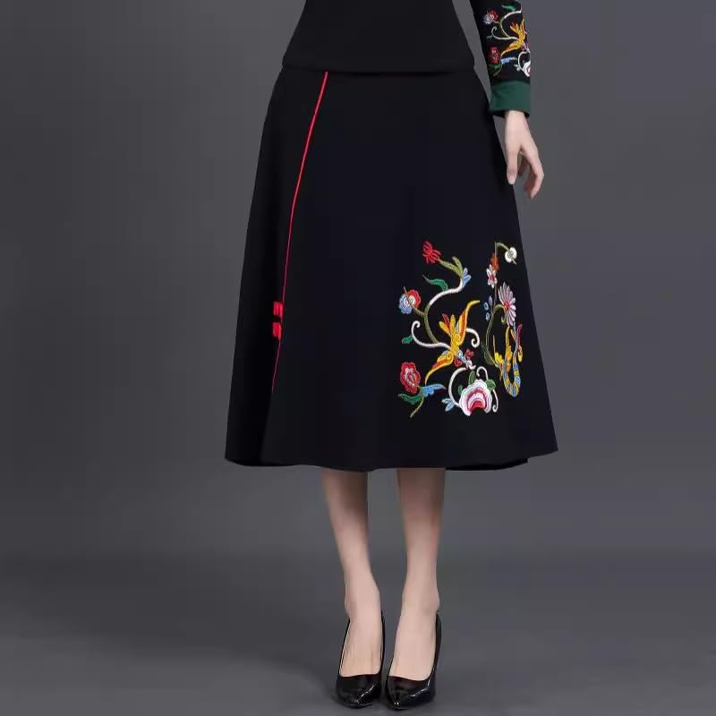 LIXINGHEITANG Autumn Skirt Spring and Summer Waist with Pocket Midlength Embroidered Ethnic Style Womens Black2