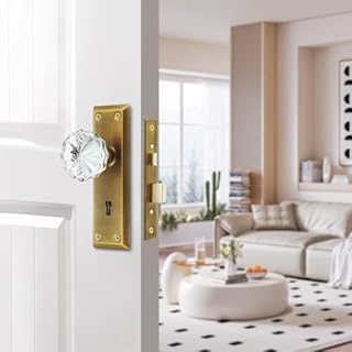 newliplace Mortise Lock Set for Interior Door, Antique Brass Door Knobs with Lock and Skeleton Key, Crystal Glass Door Knobs for Old Style Door