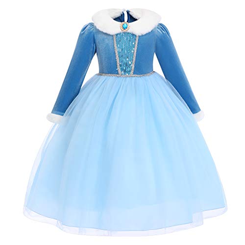 OBEEII Girls Princess Elsa Costumes Frozen 2 Carnival Long Sleeve Dress Cosplay Halloween Christmas Party Fancy Dress Up Costume 6-7 Years