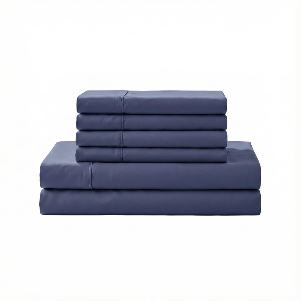 Linen Home 6 Piece King Cotton Sheet Set, 100% Cotton Percale, 4 Pillowcases, Deep Pocket with All Around Elastic Sheet, Crisp Breathable Bedding, Hotel Luxury, Long-Staple Combed Cotton, Dark Blue