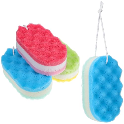 Balacoo Esponjas Exfoliantes para Baño 4 Piezas, Esponja Corporal Resistente de Tres Capas, Colores Amarillo, Rojo y Azul, Ideales para Uso Diario en Ducha y Cuidado Corporal