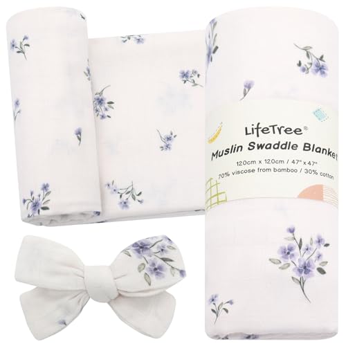 Image of LifeTree Baby Muslin Swaddle Blankets for Boys & Girls, Newborn Swaddle Set with Matching Headband Bow, Infant Blanket Wrap, 47 x 47 inches, Purple Flower, 70% Viscose from Bamboo and 30% Cotton
