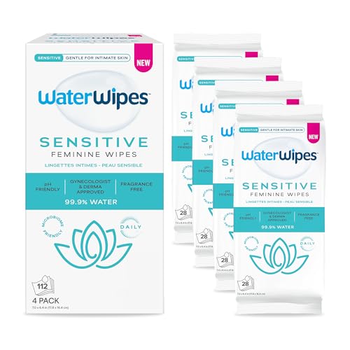 WaterWipes Sensitive Feminine Wipes, 99.9% Purified Water, pH Friendly for Daily Intimate Care, Gynecologist Approved, Fragrance Free, 112 Count (4 Packs) - image 1