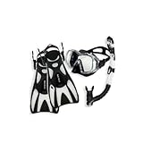 [ヘレイワホ] シュノーケルセット 3点セット メッシュバック付 10歳～大人用 3面広視界シリコン製マスク+水が入らないシュノーケル+ショートフィン BK/CL L