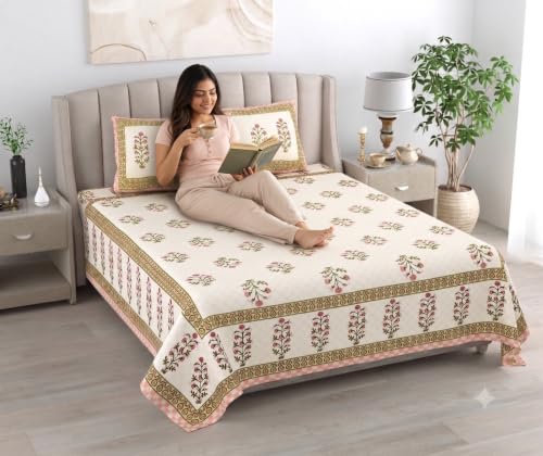 Image of 300 TC 100% Pure Cotton Bedsheet for Double Bed King Size (90x108) inch, Jaipuri Print Double Bedsheet with 2 Pillow Covers, Premium Printed Flat Bed Sheet