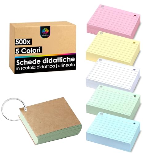 OfficeTree 500x Flash Cards Vuote A8-5 Colori - Flash Paper con Anello e Scatola – Flashcards Righe schede Educative per Esami e Appunti – Index Cards - Flashcard per il Vocabolario