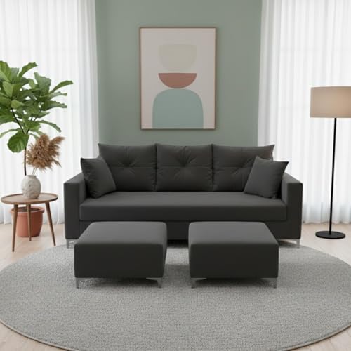 Image of Zora 5 Seater L Shape Sofa Set with 2 Movable Ottomans | Flexible Layout | Rich Velvet Suede Fabric | Silver Legs | Spacious Seating | Modern Sofa for Living Room (Dark Grey)