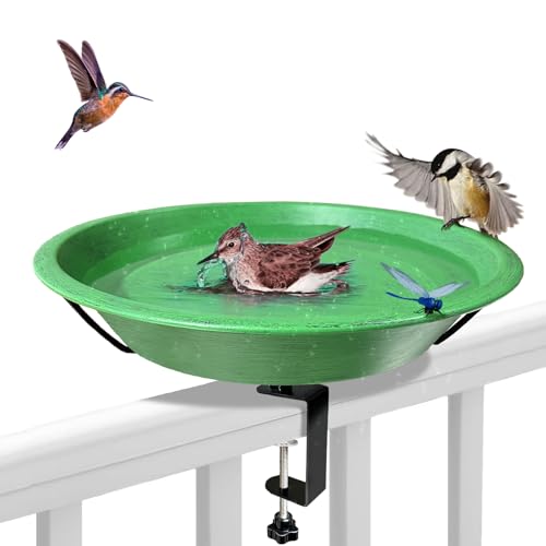 WANGIRO 11.5" Green Metal Deck‑Mount Bird Bath Bowl with Adjustable Clamp