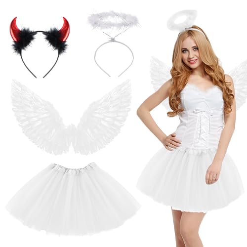 5 Stück Engel Kostüm Damen Weiße Set, Engel Teufel Kostüm Damen mit Tütü Rock, Heiligenschein, Teufel Hörner und Strümpfe für Halloween...