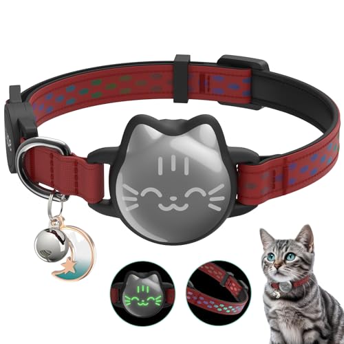 Collar impermeable para gato Airtag, collar de Airtag para gato con correa de patrón luminoso y reflectante, collar ligero para Apple Air Tag, soporte oculto para rastreador GPS, gatos, gatitos (9-13