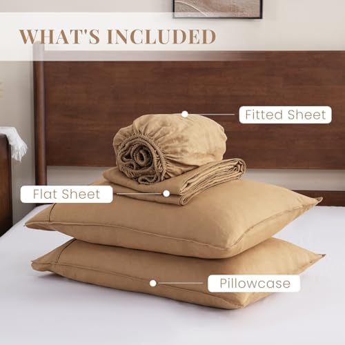 S VICTORY SYMBOL 100% Organic Linen Sheets Set Queen Size 4 Pieces,Stone Washed European Flax Linen Bed Sheets(1 Flat Sheet,1 Fitted Sheet,2 Pillowcases) Boho Bedding-Sandy Beige - Thumbnail 2