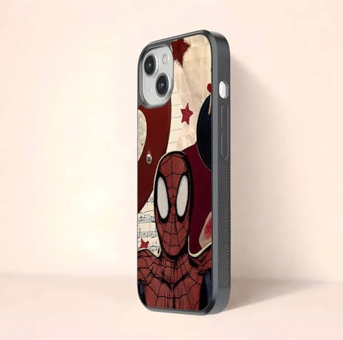 Image of Compatible with iPhone 13 Back Cover, Designer Tempered Glass Phone Case, Hero Comic Vibes Print, Shockproof TPU Bumper, Glossy Scratch Resistant Protective Cover for Women & Men