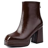 Lroey Reoly Mujer Tacón Ancho Botas Cortas con Plataforma Punta Quadrada Noche Botín Dx1099 Marrón Talla 36 EU