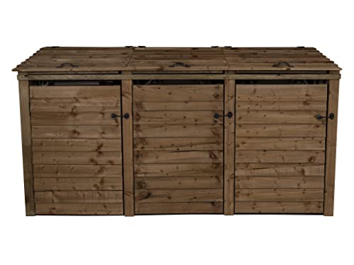 Wheelie bin storage pressure treated garden recycling store lid shed outdoor trash cover (Triple, Without recycling shelf, Brown)