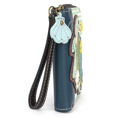 Image of CHALA Zip Around Wallet, Wristlet, 8 Credit Card Slots, Sturdy Pu Leather - Turtle A - teal stripe