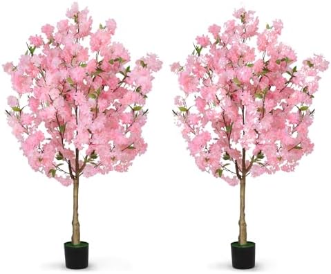 OUSHENG 2 Pack Artificial Cherry Blossom Tree, Fake Plants Indoor Decor, Faux Pink Sakura Flowers for Living Room Home House Entryway Bedroom Office Inside Decorations, 4FT