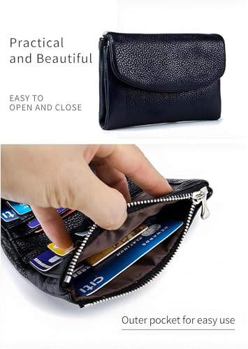 Unisex Pebble Leather Wallet, Genuine Full Grain Small Bifold Purse with Coin Holder, Credit Card Slots & Zippered Pockets, Natural Stone Texture, Multicolor, for Men & Women (Dark Blue)4