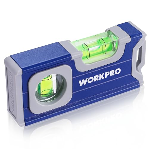 WORKPRO Magnetic Spirit Level 115 mm Mini Spirit Level with 2 Vials 90/180 Magnetic Spirit Level with Hanging Hole Aluminum Alloy Body Strong Magnet Grooved Design for Builders