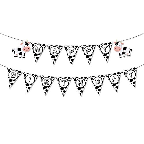 Cow Happy Birthday Banner Black White Cow Print Pennant Banner Cow Birthday Party Supplies for Kids Cowboy Cowgirl Zoo Farm Barnyard Party Decoration
