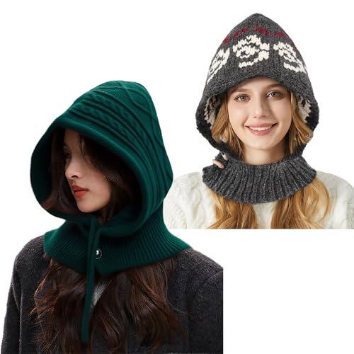 Peicees Knitted Balaclava Drawstring Hooded Scarf Hat Womens Beanie Skull Cap Winter Neck Gaiters Fashion