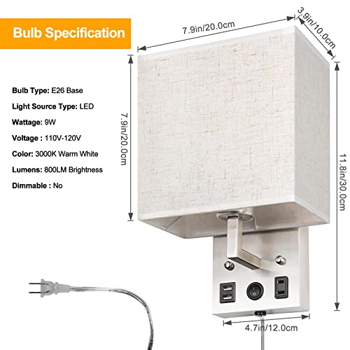 CADUKE Bedside Wall Lamp Set of 2, Plug in Wall Light with USB Charging Ports and AC Outlet Socket, Brushed Nickel Modern Wall Sconces with Plug in Cord for Bedroom Living Room, E26 LED Bulb Included - Image 3