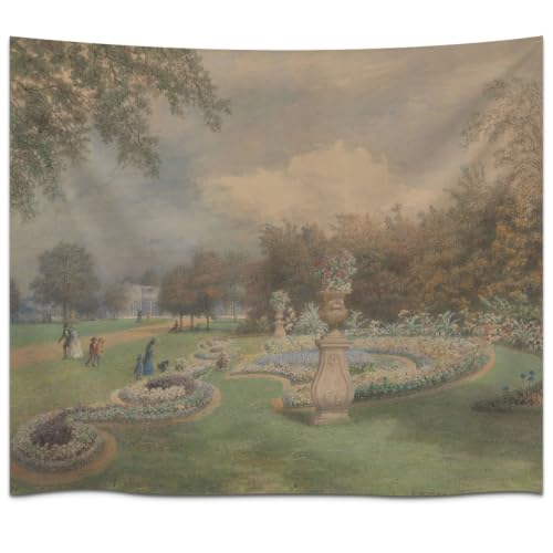 Garden Scene with People and Floral Wall Tapestry for Living Room Decor