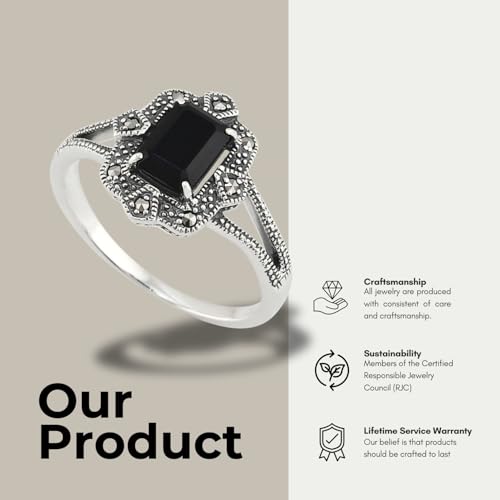 Image of Gemondo USA Sterling Silver 925 7x5mm Octagon Black Spinel & Marcasite Art Deco Inspired Statement Ring