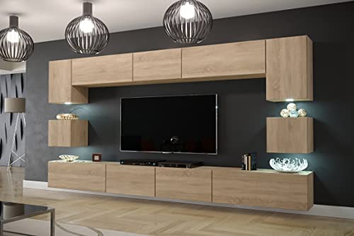 Furnitech Wohnwand Wohnzimmer Möbel (Sonoma Eiche) mit LED Weiß - Hängend Wohnzimmerwand Modern - Schrankwand mit Regale und TV Schrank (Nowara AN1-17S-M50 1C)