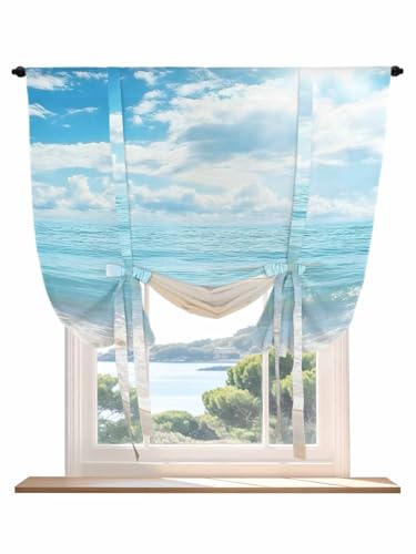 Tie Up Curtains for Windows Summer Beach Roman Shade 42 x 45 Inch Bathroom Curtain Window Ocean Waves Coastal Blue Rod Pocket Short Balloon Curtains for Living Room Kitchen Small Blinds