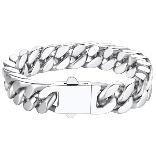 Richsteel Bracelet Chaîne Cubaine Argent Acier Inoxydable, 12 mm de Large et 19 cm de Longueur, Chaîne Hip Hop Rappeur, Cadeau Anniversaire Homme