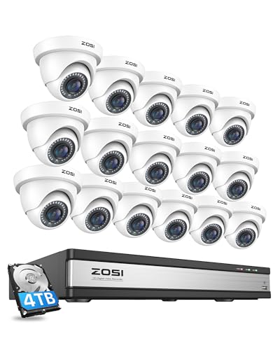 ZOSI H.265+1080p 16 Channel Security Camera System,16 Channel DVR with Hard Drive 4TB and 16 x Outdoor Indoor CCTV Dome Cameras 1080p with 80ft Long Night Vision and 90° Wide Angle