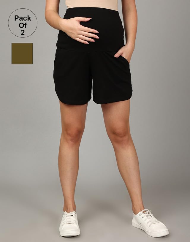The Mom Store Maternity Shorts for Pregnancy - Stretchy Comfort Fit Pregnancy Shorts for Expecting Moms - Breathable Cotton Fabric with Adjustable Drawstring Waistband(Olive &Black, 3XL) - Image 5 thumbnail