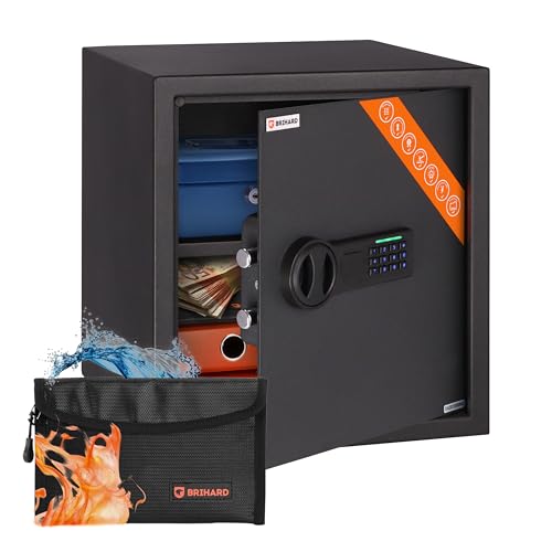 Brihard Business Sejf Elektroniczny 40x36x36cm z Ognioodporną Saszetką na Pieniądze, Duży Sejf 48L z Wyjmowaną Półką, Sejf Biurowy na Dokumenty A4, Pieniądze