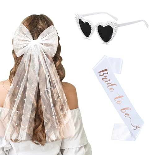 CAIXIANGYU Acessórios de despedida de solteira, véu Bride to be, Cafa de coração e noiva Satin Sash, para Bride to Be Adorno Hen Night e casamentos (branco)
