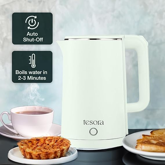 Image of Premium Electric Kettle | Auto Power Cut | Boil-Dry Protection | Cool Touch Double Wall | 1500 Watts |1-Year Warranty by Tesora (Green)